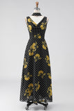 Black Yellow Floral V-Neck A-Line Polka Dot Long Wedding Guest Dress with Neck Scarf