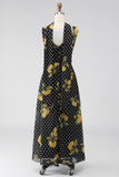 Black Yellow Floral V-Neck A-Line Polka Dot Long Wedding Guest Dress with Neck Scarf