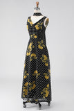 Black Yellow Floral V-Neck A-Line Polka Dot Long Wedding Guest Dress with Neck Scarf