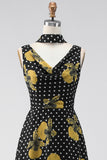 Black Yellow Floral V-Neck A-Line Polka Dot Long Wedding Guest Dress with Neck Scarf