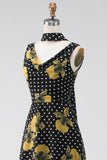 Black Yellow Floral V-Neck A-Line Polka Dot Long Wedding Guest Dress with Neck Scarf