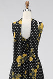 Black Yellow Floral V-Neck A-Line Polka Dot Long Wedding Guest Dress with Neck Scarf