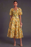 A Line Yellow Floral Puff Sleeves Long Wedding Guest Dress