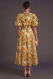 A Line Yellow Floral Puff Sleeves Long Wedding Guest Dress