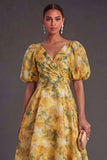 A Line Yellow Floral Puff Sleeves Long Wedding Guest Dress