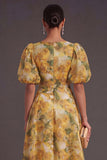 A Line Yellow Floral Puff Sleeves Long Wedding Guest Dress