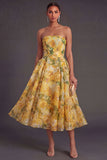 Floral A Line Yellow Strapless Midi Summer Wedding Guest Dress