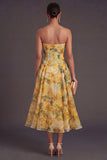 Floral A Line Yellow Strapless Midi Summer Wedding Guest Dress