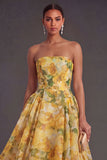 Floral A Line Yellow Strapless Midi Summer Wedding Guest Dress