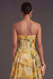 Floral A Line Yellow Strapless Midi Summer Wedding Guest Dress