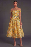 Off the Shoulder Floral Yellow A Line Summer Wedding Guest Dress