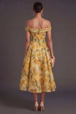 Off the Shoulder Floral Yellow A Line Summer Wedding Guest Dress