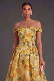 Off the Shoulder Floral Yellow A Line Summer Wedding Guest Dress