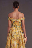 Off the Shoulder Floral Yellow A Line Summer Wedding Guest Dress