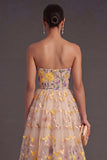 Floral Appliqued Apricot A Line Summer Wedding Guest Dress