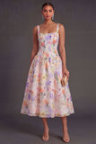 White Purple Floral Thick Straps A Line Long Wedding Guest Dress