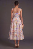 White Purple Floral Thick Straps A Line Long Wedding Guest Dress