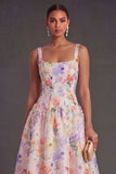 White Purple Floral Thick Straps A Line Long Wedding Guest Dress