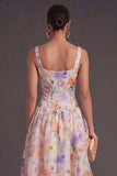 White Purple Floral Thick Straps A Line Long Wedding Guest Dress