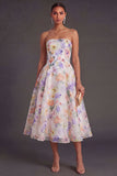 White Purple Floral Backless Strapless Midi Wedding Guest Dress