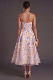 White Purple Floral Backless Strapless Midi Wedding Guest Dress