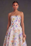 White Purple Floral Backless Strapless Midi Wedding Guest Dress