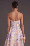 White Purple Floral Backless Strapless Midi Wedding Guest Dress