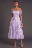 Lilac Pleated A Line Off the Shoulder Summer Wedding Guest Dress