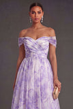 Lilac Pleated A Line Off the Shoulder Summer Wedding Guest Dress