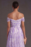 Lilac Pleated A Line Off the Shoulder Summer Wedding Guest Dress
