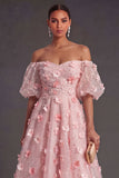 Blush Floral A Line Appliqued Long Wedding Guest Dress