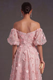 Blush Floral A Line Appliqued Long Wedding Guest Dress