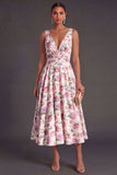 A Line Blush Floral V Neck Long Summer Wedding Guest Dress