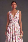A Line Blush Floral V Neck Long Summer Wedding Guest Dress