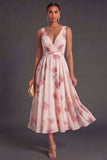 Blush Floral A Line V Neck Long Summer Wedding Guest Dress