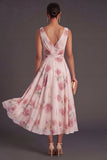 Blush Floral A Line V Neck Long Summer Wedding Guest Dress