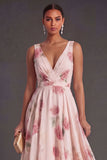 Blush Floral A Line V Neck Long Summer Wedding Guest Dress