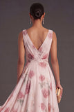 Blush Floral A Line V Neck Long Summer Wedding Guest Dress