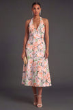 A Line Green Yellow Floral Midi Wedding Guest Dress