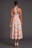 A Line Green Yellow Floral Midi Wedding Guest Dress