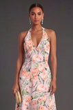 A Line Green Yellow Floral Midi Wedding Guest Dress