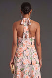 A Line Green Yellow Floral Midi Wedding Guest Dress