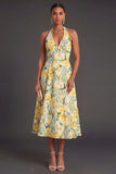 A Line Green Yellow Floral Midi Wedding Guest Dress