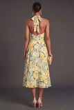 A Line Green Yellow Floral Midi Wedding Guest Dress