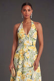 A Line Green Yellow Floral Midi Wedding Guest Dress