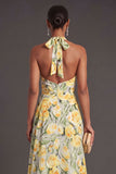 A Line Green Yellow Floral Midi Wedding Guest Dress