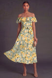 Pink Floral A Line Off the Shoulder Long Summer Wedding Guest Dress