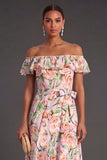 Pink Floral A Line Off the Shoulder Long Summer Wedding Guest Dress