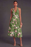 Dark Green Floral A Line Halter Neck Midi Wedding Guest Dress