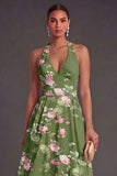 Dark Green Floral A Line Halter Neck Midi Wedding Guest Dress
